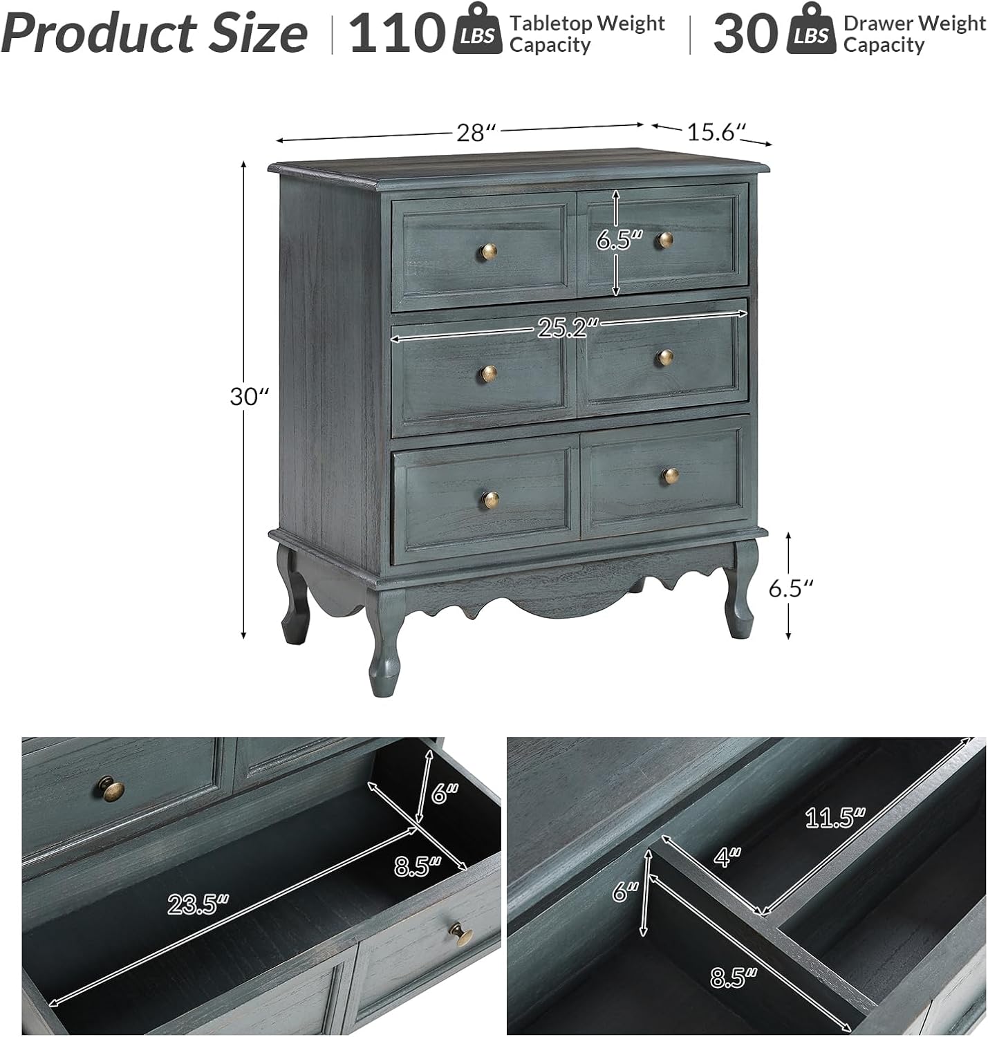 HULALA HOME 3-Drawer Nightstand with Charging Station, Drawer Organizer with Wood Legs, Farmhouse Solid Wood Nightstand(Blue)