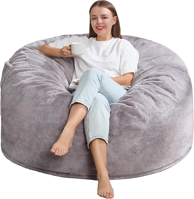 Hobestluk 4ft Bean Bag Chairs for Adults Large Beanbag Chair with Plush Faux Fur Cover Big Bean Bag Chair for Living Room Bedroom Dorm Office - Grey (44” x 44” x 24”)