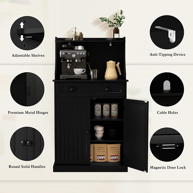 54" Kitchen Microwave Cabinet/Stand with Storage and Drawers, Pantry Storage Cabinet with Hutch & Adjustable Shelves for Kitchen, Dining Room, Living Room, Hallway in Black