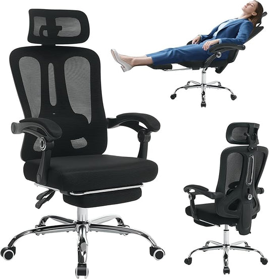 GarveeHome High Back Ergonomic Office Chair with Mesh Back, Retractable Footrest, Adjustable Headrest & Lumbar Support – Wide Computer Desk Chair with Wheels for Home Office or Bedroom, Black