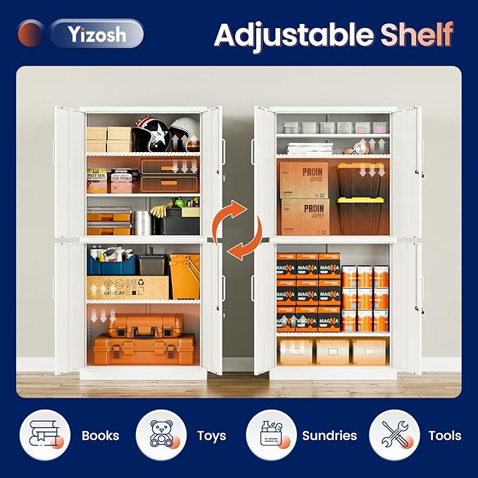Yizosh Metal Storage Locking Cabinet with 4 Doors and 2 Adjustable Shelves,71" Lockable Garage Tall Steel Cabinet,for Home Office,Living Room,Pantry,Gym,Commercial Storage (White)