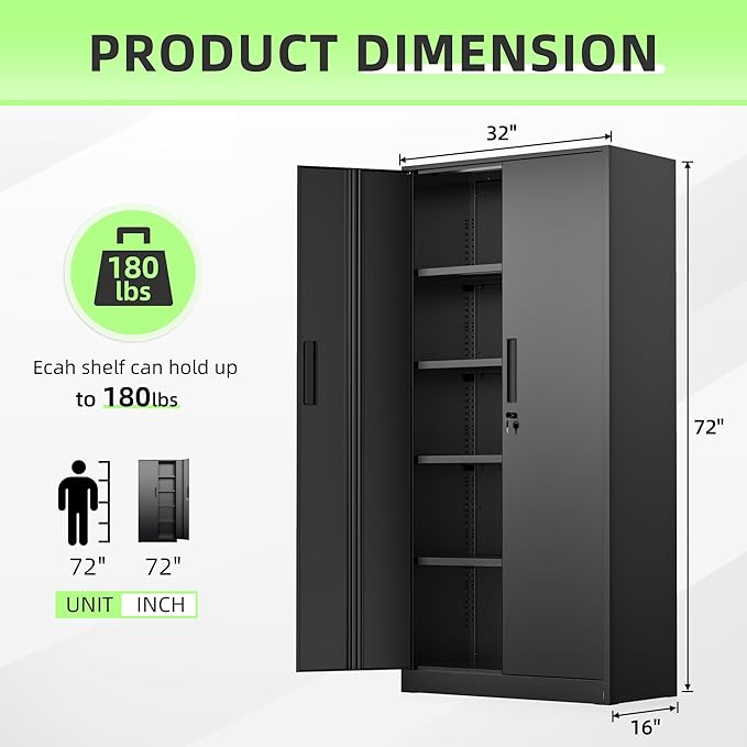 SUNCROWN 72" Metal Storage Cabinet - Heavy-Duty Metal Garage Cabinet with 4 Adjustable Shelves & 2 Doors for Tools, Office, Home, Workshop,Black-Small