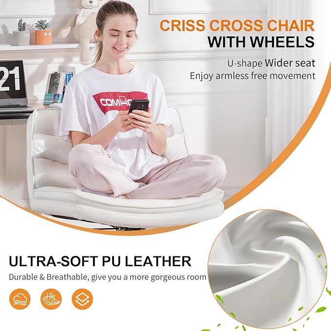 COMHOMA Cross Legged Office Chair with Wheels Armless Office Desk Chair, Modern Vanity Computer Task Chairs for Home Bedroom, Comfortable Wide Seat for Lower Back Pain Relief, PU Leahter, Beige