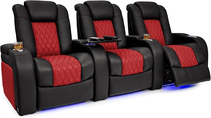 Seatcraft Diamante - Home Theater Seating - Living Room - Power Recline - Italian Leather - Powered Headrests - Cupholders - USB Charging - Ambient Lighting - Arm Storage, Black/Red, Row of 3