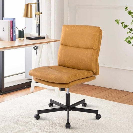 LUCKWIND Armless Office Desk Chair with Wheels, Double Padded PU-Leather Chairs, Mid-Back Criss Cross Swivel Task Chair, Height Adjustable Cushioned Vanity Chair for Home, Office & Bedroom (Yellow)