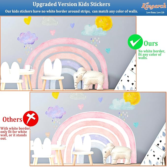 Large Boho Rainbow Wall Decals, Clouds Sun Hearts Peel and Stick Fabric Nursery Wall Decor, Removable Home Room Wall Decor Murals Stickers for Kids Girls Toddler Bedroom Living Room Playroom