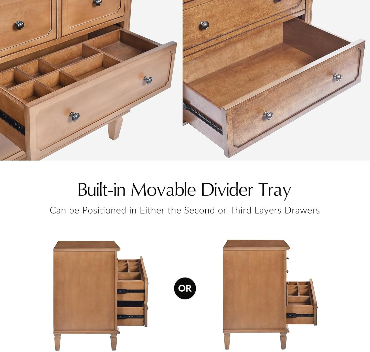 HULALA HOME Mid-Century Modern Nightstand with Charging Station and Divider Tray, 4-Drawer Bedside Table with Solid Wood Legs (Acorn,Set of 2)