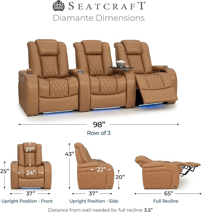 Seatcraft Diamante Zero-Gravity CoolZero Italian Leather Home Theater Seating, Power Headrest, Power Recline, Row of 3, Tan Oak