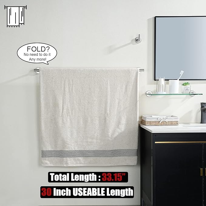 JQK Bath Towel Bar, 33 Inch 304 Stainless Steel Thicken 0.8mm Single Towel Rack for Bathroom, Towel Holder Brushed Finished Wall Mount, Useable Length 30 Inch, TB110L30-BN