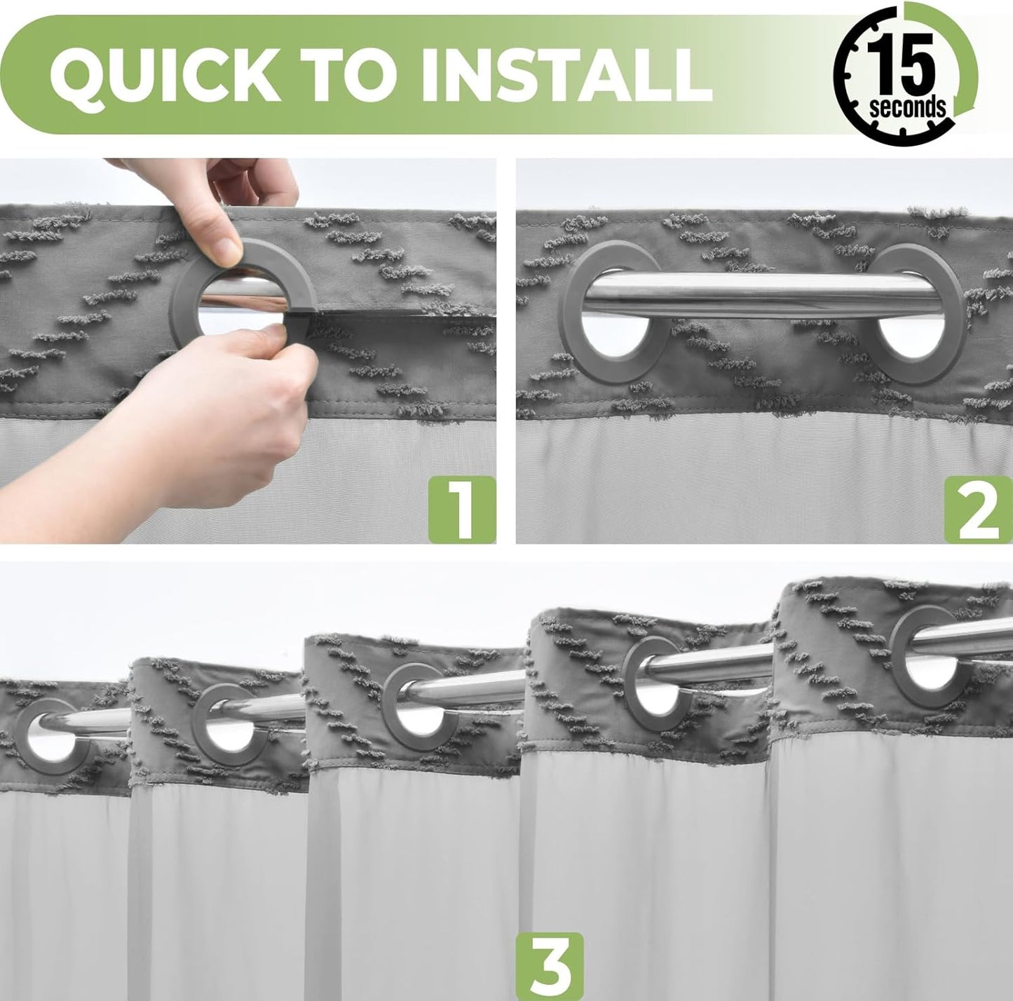 No Hook Shower Curtain with Snap in Liner, Tufted Chevron Striped Shower Curtain Set for Bathroom, Boho Waterproof and Washable Shower Curtains,71Wx77H, Grey