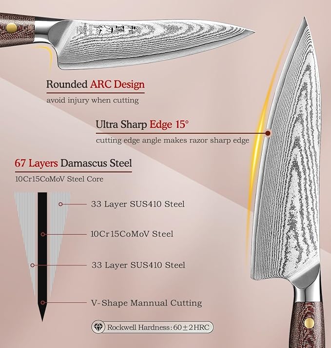 HEZHEN Damascus Chef Knife Set, 67 Layers Damascus Steel, 5PCS, Ultra Sharp, Professional Kitchen Knife Set for Chefs and Home Cooking, Ergonomic Micarta Handle, Gift Packing
