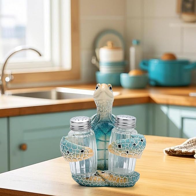 Hodao ocean animals indoor home decorations sea turtle decorative figurines kitchen organization and storage-Ocean Theme kitchen decor salt and pepper shakers holder set ocean animal gifts (Turtle)