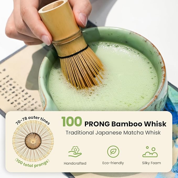 Matcha Whisk Set, Green Matcha Set (9 Pcs) Includes Matcha Bowl, Whisk & Holder, Scoop, Sifter, Spoon, Scoop Rest, Tea Mat, Hand Book - Ideal Ceramic Matcha Kit for Matcha Lovers