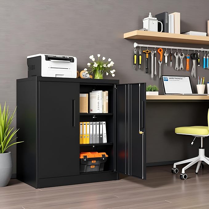 SUNCROWN Metal Storage Cabinets, 36”Locking Cabinet with Doors and Adjustable Shelves, Steel Utility Tool Garage Cabinets for Home, Office, Kitchen,Warehouse, Black