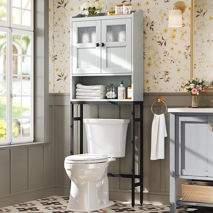 Over The Toilet Storage Cabinet, Bathroom Organizer Over Toilet with Double Doors and Soft Hinges Above Toilet Bathroom Storage Shelf Over The Toilet Storage (Gray)