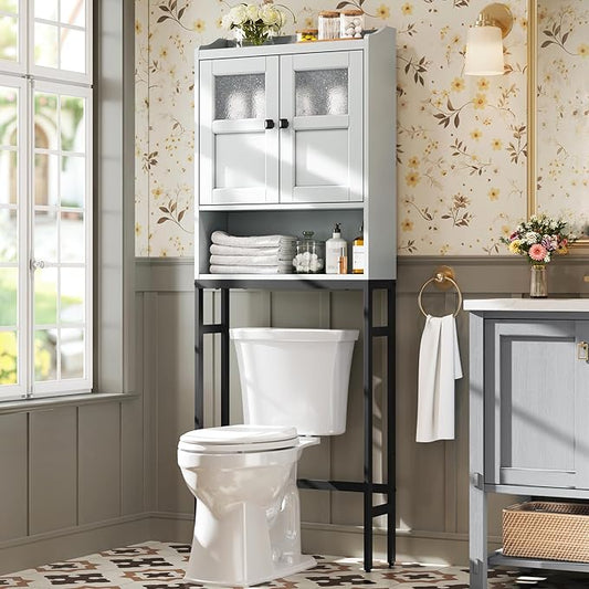 Over The Toilet Storage Cabinet, Bathroom Organizer Over Toilet with Double Doors and Soft Hinges Above Toilet Bathroom Storage Shelf Over The Toilet Storage (Gray)