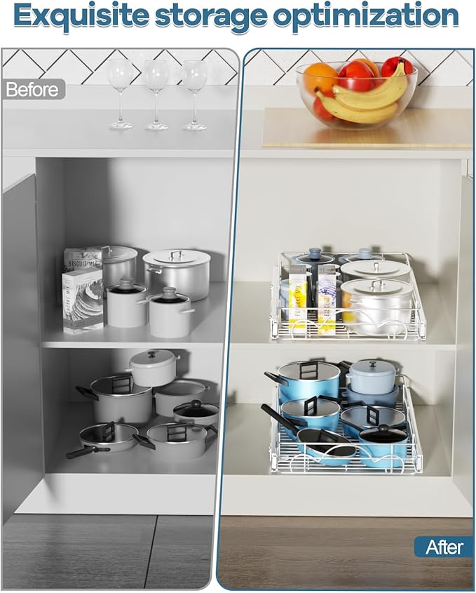 Pull Out Cabinet Organizer, Home Shelf Organization, Heavy-Duty Pull Out Shelves for Cabinets, Slide Out Drawers Organizer for Kitchen, Pantry(17" W*21" D)