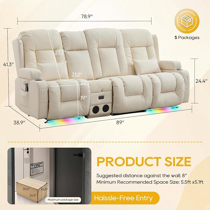 IPKIG 89" Power Reclining Loveseat Sofa, Electric Home Theater Seating with Console/4 Colors Ambient Lighting/Bluetooth Speakers/USB Ports/Built-in Outlets (Off-White, 3-Seater with Console)