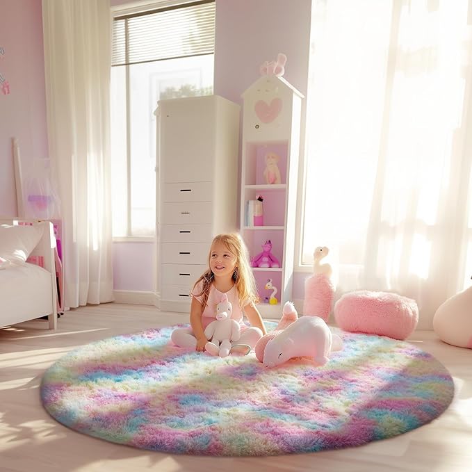Ophanie Round Rug 5Ft Rainbow Circle Area Rug, Cute Room Decor for Teen Girls, Fluffy Fuzzy Bedroom Carpet, Plush Soft Shaggy Living Room Rugs for Kids Home Decor Aesthetic, Nursery