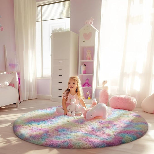 Ophanie Round Rug 5Ft Rainbow Circle Area Rug, Cute Room Decor for Teen Girls, Fluffy Fuzzy Bedroom Carpet, Plush Soft Shaggy Living Room Rugs for Kids Home Decor Aesthetic, Nursery