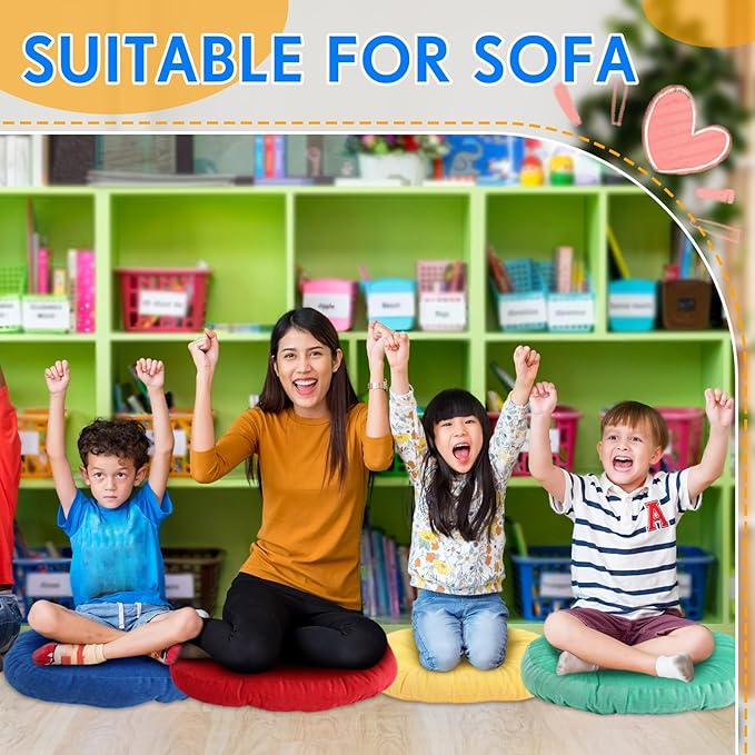 Jerify 4 Pcs Floor Pillow Cushions 22 x 22 Inch Round Square Large Meditation Floor Pillow for Classroom Adult Meditation Picnic Party Cushion for Seating Gift Christmas(Colorful,Round)