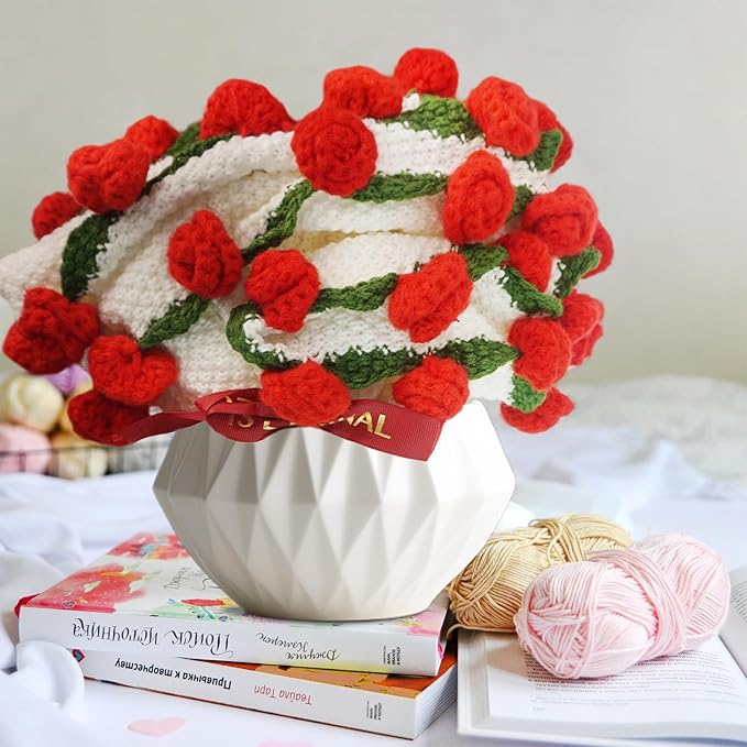 Handmade Crochet Flower Bouquet Blanket - Soft Lightweight Knit Throw for Birthday Wedding Valentines, Ready-to-Use Home Decor Gift (Red, 31in)