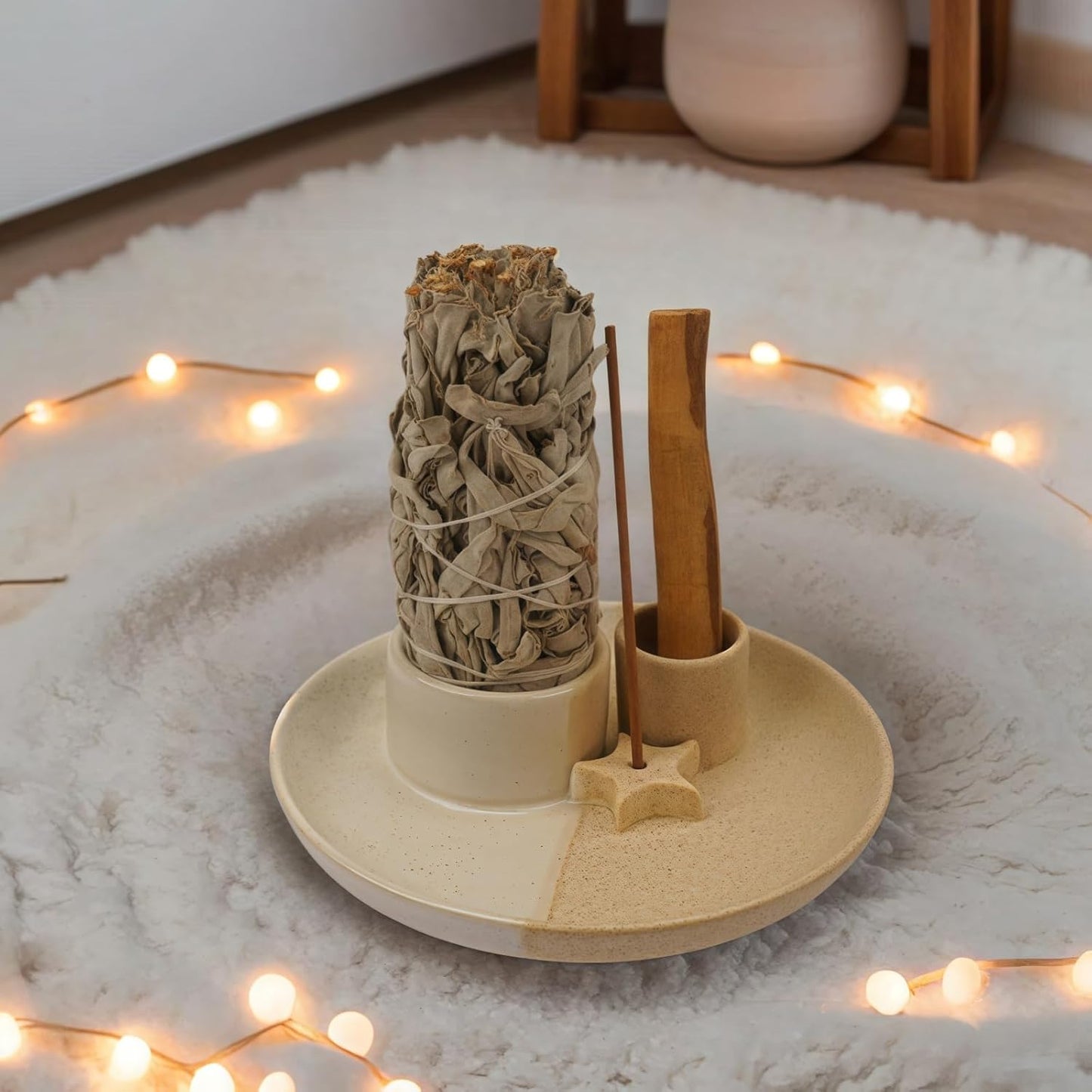 4 in 1 Incense Holder, Ceramic Incense Stick and Palo Santo Holder,Sage Holder for Burning- 5.5" Ceramic Ash Catcher Tray for Meditation and Yoga Room (Star Sand)