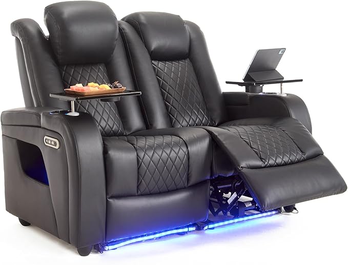 Home Theater Seating LoveSeat with Lighting Armrest, Game Movie Theater Chairs Theater Recliner Sofa with 7 Colors Ambient Lighting, Lumbar Pillow, Side Pocket, Tray Table, Power Recline, Black