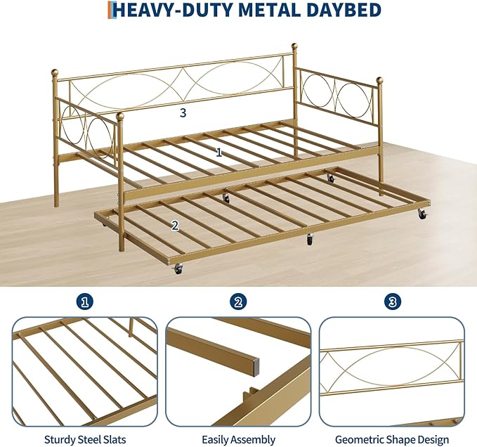 IDEALHOUSE Twin daybed with Trundle, Metal Twin Daybed and Trundle Set, Day Bed Sofa Bed Frame with Steel Slat Support, Multifunctional Daybed Frame for Bedroom (Gold Sets)