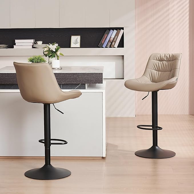 Kidol & Shellder Bar Stools Set of 2 Adjustable Swivel Khaki, PU Leather Upholstered with Back, Modern Counter Height Stools for Kitchen Island, Home Bar