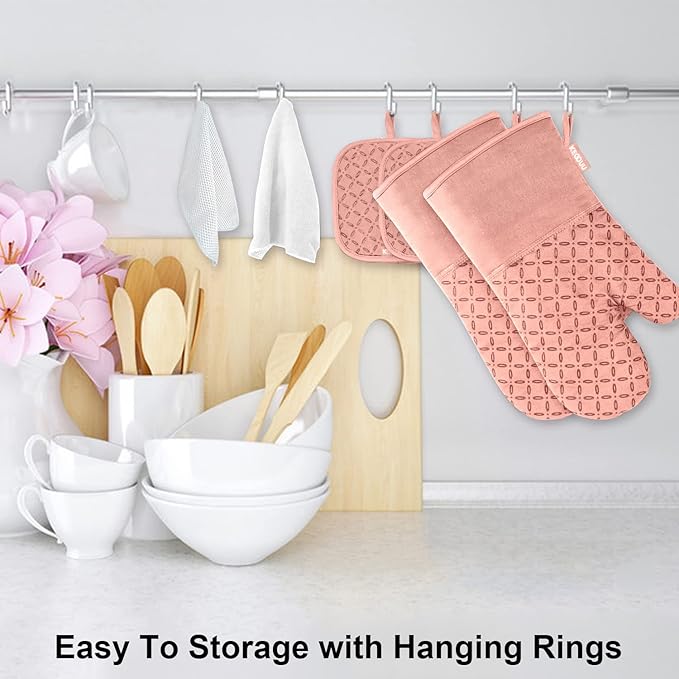 KEGOUU Oven Mitts and Pot Holders 6pcs Set, Kitchen Oven Glove High Heat Resistant 500 Degree Extra Long Oven Mitts and Potholder with Non-Slip Silicone Surface for Cooking (Pink)