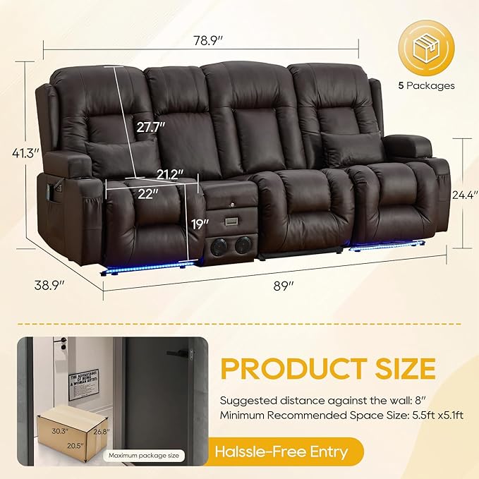 IPKIG 89" Power Reclining Loveseat Sofa, Electric Home Theater Seating with Console/4 Colors Ambient Lighting/Bluetooth Speakers/USB Ports/Built-in Outlets (Brown, 3-Seater with Console)