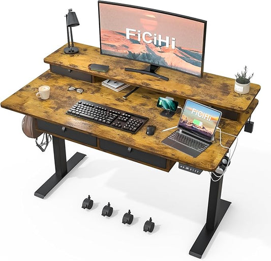 Adjustable Height Standing Desk with 4 Drawers & Wheels,55 x 30 inches Electric Sit Stand Desk for Home Office,3 Memory Presets,Monitor Stand Riser,USB A/C Charging Port