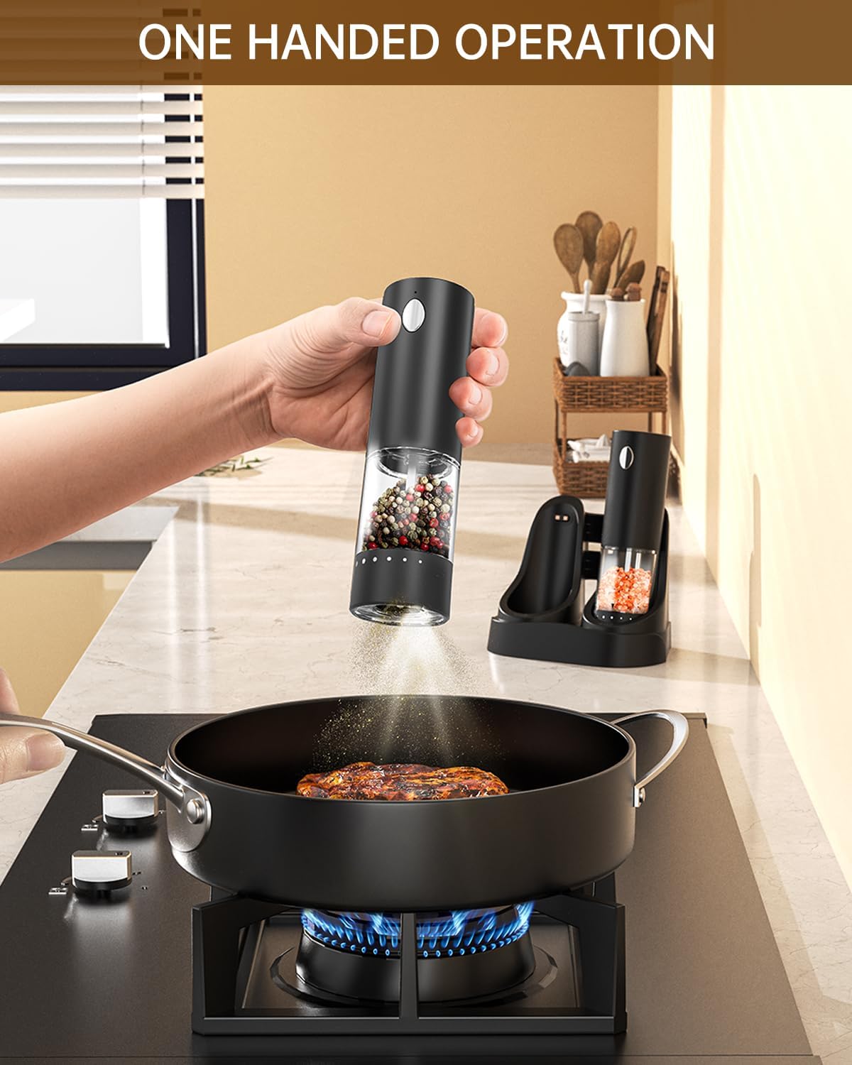 CIRCLE JOY Electric Salt and Pepper Grinder Set Automatic Salt and Pepper Grinder Set with Easy-to-Carry Charging Base and LED Light, USB Rechargeable, Upgrade External Adjustable Coarseness