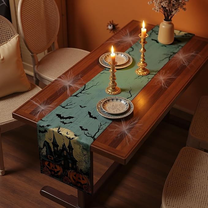 Halloween Table Runner with Haunted Castles, Bats & Pumpkins, Table Decoration for Dining Party and Home Decor,108x13 inches