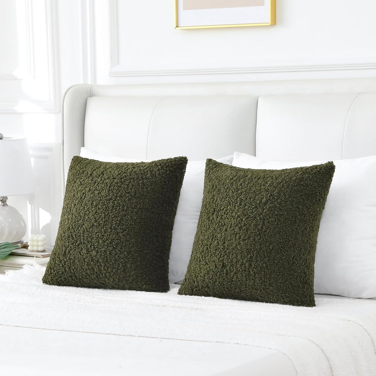 FUTEI Olive Green Throw Pillow Covers 16x16 Inch Set of 2,Furry Faux Fur Teddy Boucle Textured Cushion Covers,Soft Fluffy Decorative Pillow Case,Home Decor for Couch Bed Living Room Office Car