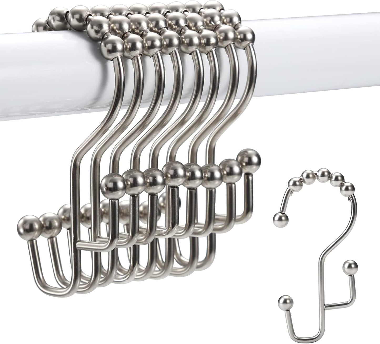 Shower Curtain Rings, SUTINE Double Shower Curtain Hooks, Rust-Resistant Stainless Steel Shower Curtain Rings, Easy Sliding Metal Shower Hooks for Shower Curtains & Liners, 12pcs-Matte Nickel