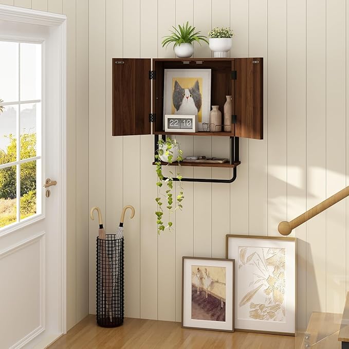 RUSTOWN Farmhouse Bathroom Wall Cabinet with 2 Door, 3-Tier Curved Profile Wooden Medicine Cabinet, Wall Mounted Storage Cabinet with Adjustable Shelf and Towel Bar (Dark Walnut, Small)