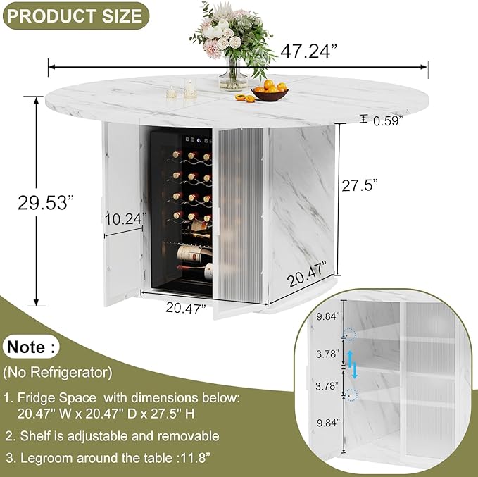 IBF 47" Round Dining Table with Fridge Space, Modern White Faux Marble Kitchen Tables for 4-6 People,Wood Dining Room Table with Storage Shelf, Circle Dinner Tables for Home, White Marble, Only Table