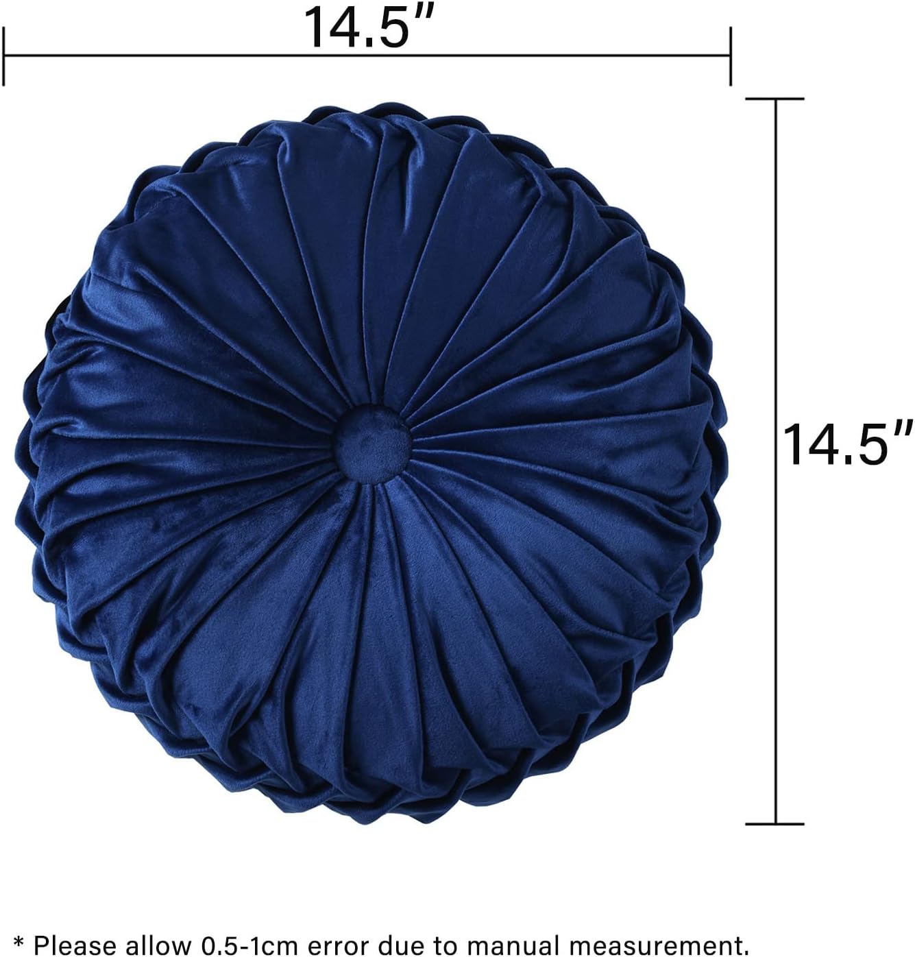 HIG Set of 2 Decorative Round Pleated Throw Pillows, Classy Accent Pumpkin Throw Pillows with Center Button, Vintage Velvet Floor Pillows for Sofa Couch Vanity Chair Bed, Navy, 14.5" Diameter(Ripple)