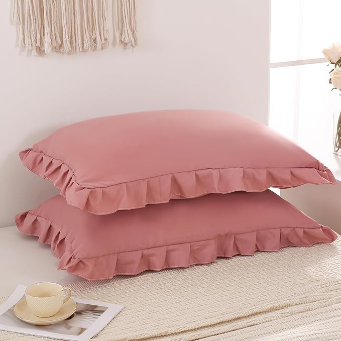 Pink Mocha Pillowcases King Pillowcases Ruffled Pillow Shams Set of 2 Cute Pillowcases Solid Ruffled Fringe Design Pink Shabby Chic Pillowcases 2 Pack (King (20''x36''), Pink Mocha)