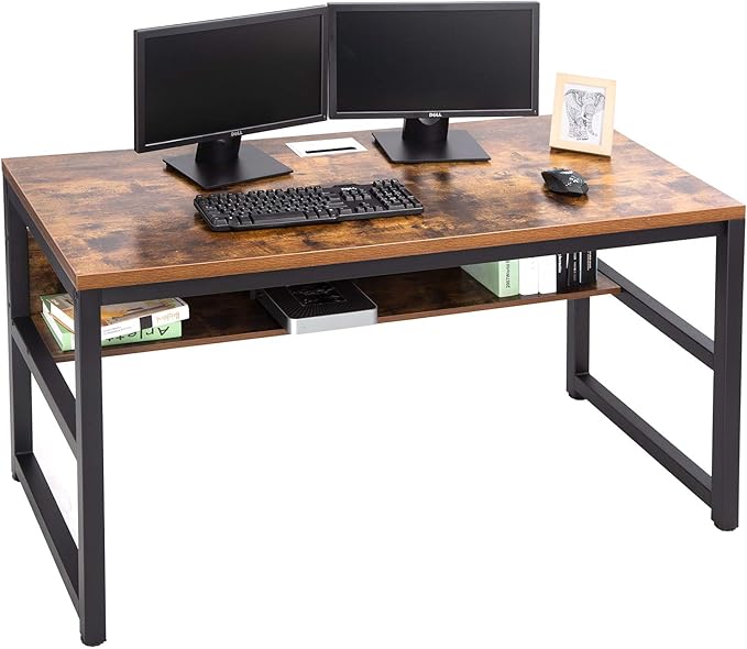 TOPSKY Computer Desk with Bookshelf/Metal Hole Cable Cover 1.18" Thick Desk (55", Rustic Brown)