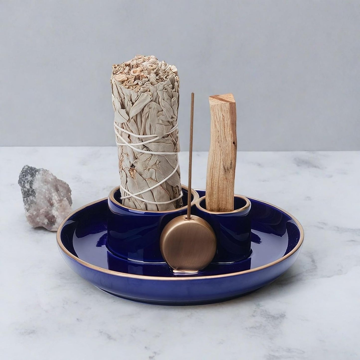 4 in 1 Incense Holder, Ceramic Incense Stick and Palo Santo Holder,Sage Holder for Burning- 5.5" Ceramic Ash Catcher Tray for Meditation and Yoga Room (Blue Golden)