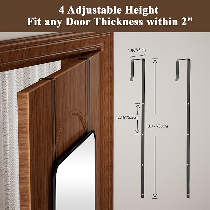 14"x48" Full Length Over The Door Mirror - Aluminum Alloy Frame Full Body Mirror with Height-Adjustable Hangers, Hanging Leaning Against Wall for Dorm, Black