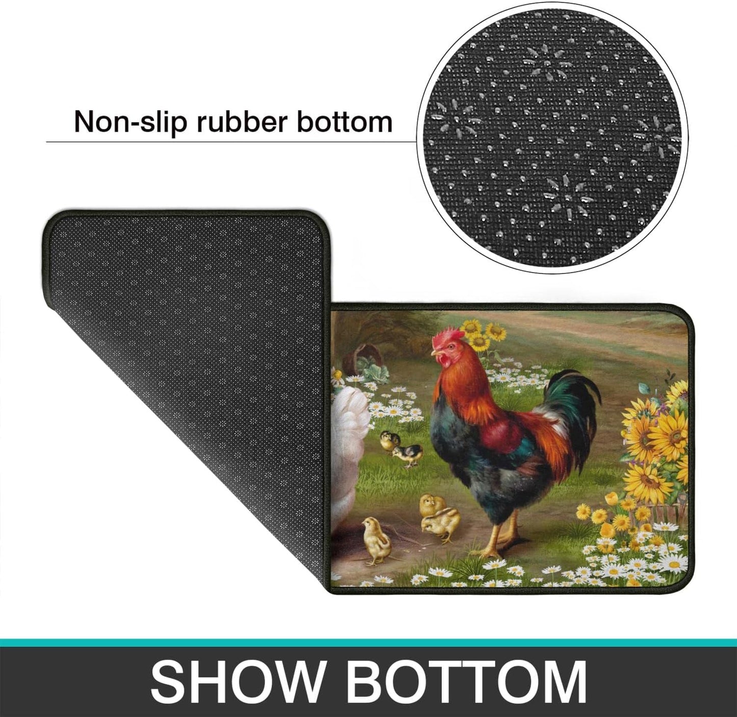 Rooster Kitchen Rug 2 Piece Set Sunflower Decor Kitchen Floor Mat, Microfiber Washable Runner Rugs, Farmhouse Chicken Decorations Kitchen Mats,17"x47"+17"x30"