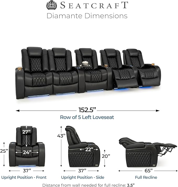Seatcraft Diamante Zero-Gravity CoolZero Italian Leather Home Theater Seating, Power Headrest, Power Recline, Row of 5 Left Loveseat, Black