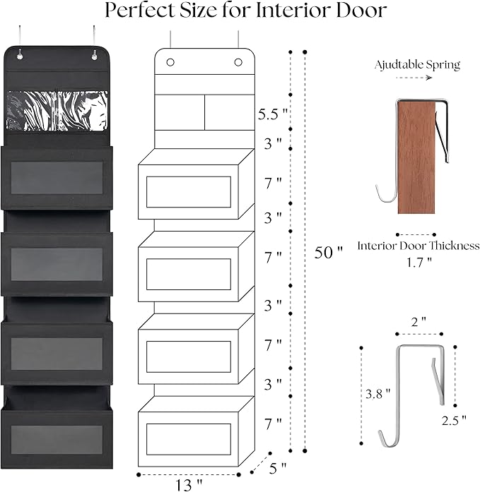 Over Door Organizer with 4 Large Capacity Pockets, Hanging Organizer Storage for Closet Bathroom Nursery Bedroom Dorm, Toys Cosmetics Sundries and Baby Essentials, Black
