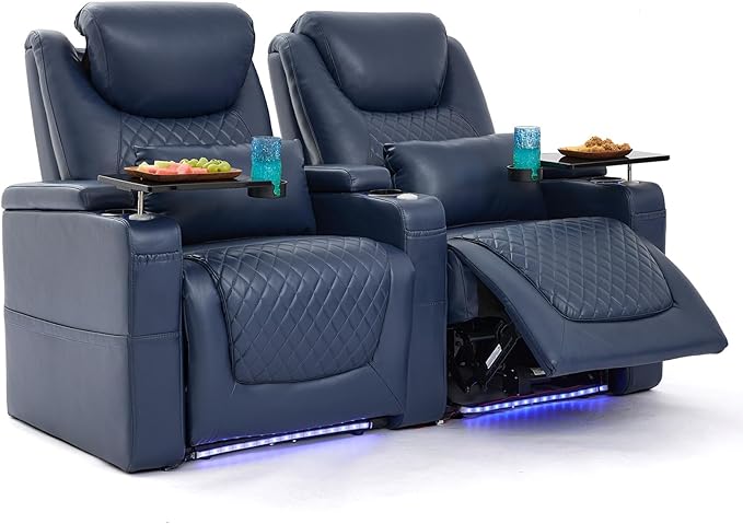 Home Theater Seating Seats, Theater Recliner Chair Sofa Game Movie Theater Chairs with 7 Colors Ambient Lighting, Lumbar Pillow, Side Pocket, Tray Table, Power Recline, Blue