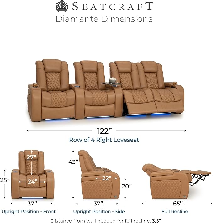 Seatcraft Diamante Zero-Gravity CoolZero Italian Leather Home Theater Seating, Power Headrest, Power Recline, Row of 4 Right Loveseat, Tan Oak