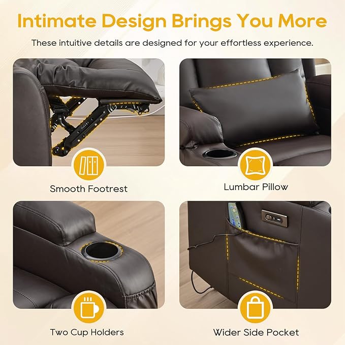 IPKIG Power Recliner Chair, Electric Home Theater Seating with 4 Colors Ambient Lighting/USB Ports/Cup Holders/Side Pockets for Living Room, Bedroom, Home, RVs (Brown, Single Chair)